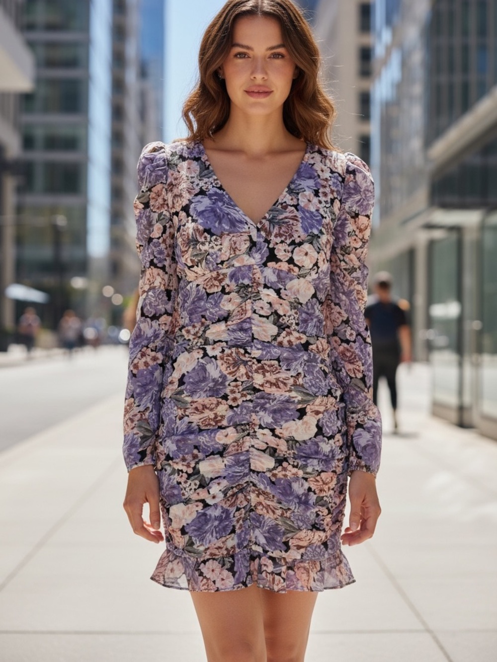 H&M Floral Ruched Long Sleeve Mini Dress Purple Size XS